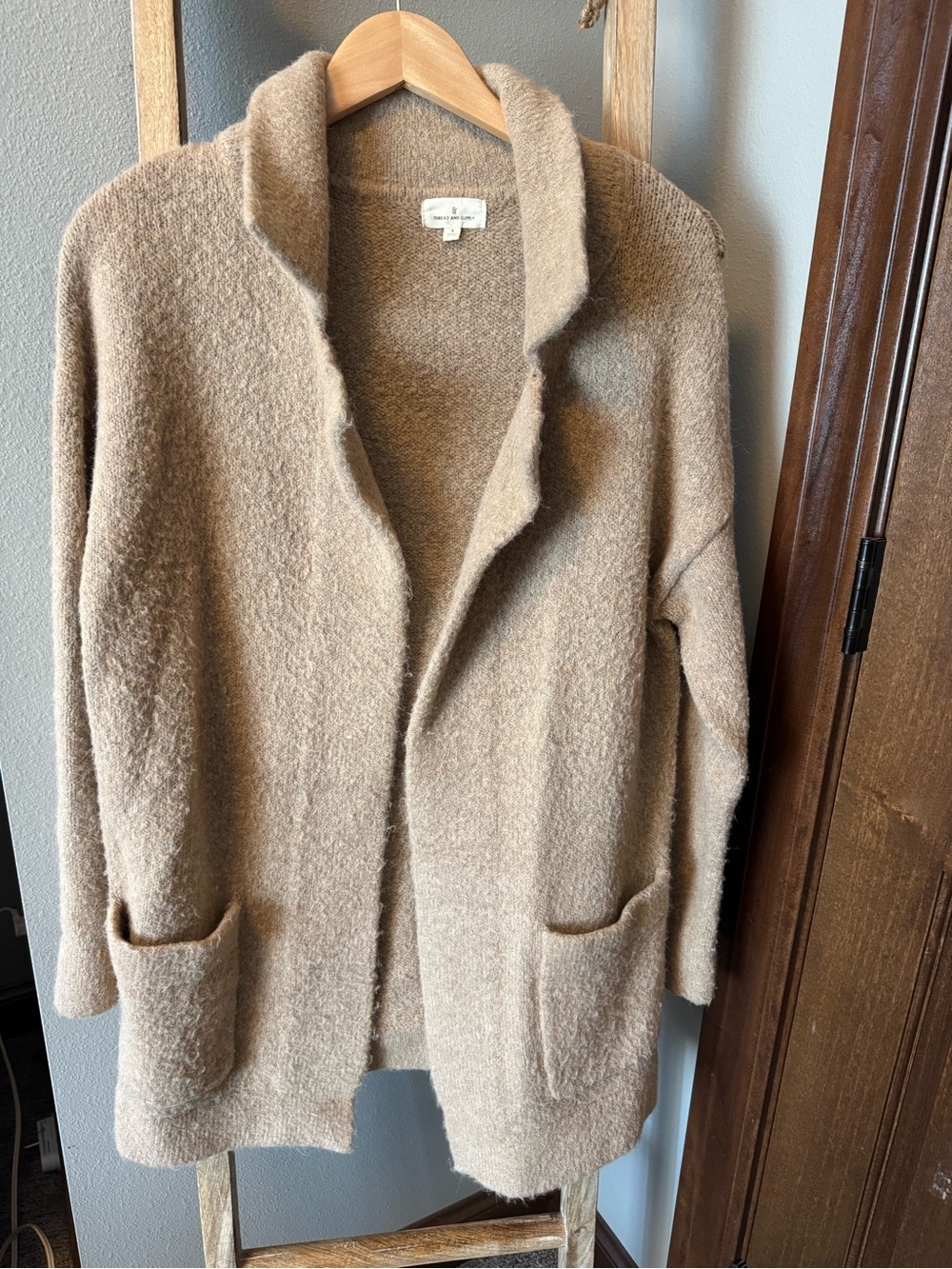 Thread & Supply Camel Open-Front Pocket Cardigan